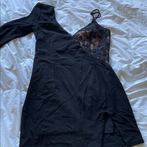 One-Shoulder Black Dress with Lace Bodice